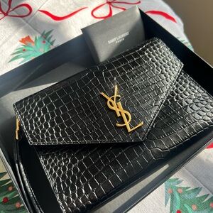 Saint Laurent Black Croc-Embossed Wristlet with Gold Logo